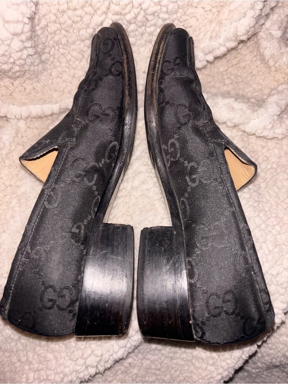 Gucci Vintage GG Monogram Black Fabric Block Heel Pumps Loafers Size 4 Italy